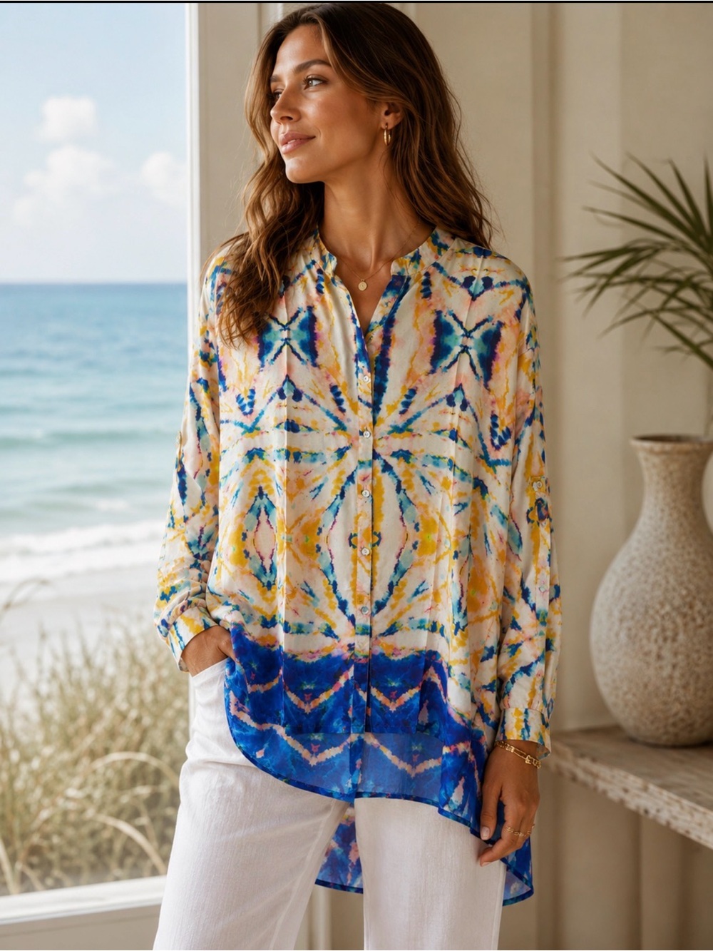 Love Kyla NWT Silk Blend Watercolor Boho Tunic Blouse Resort Top M